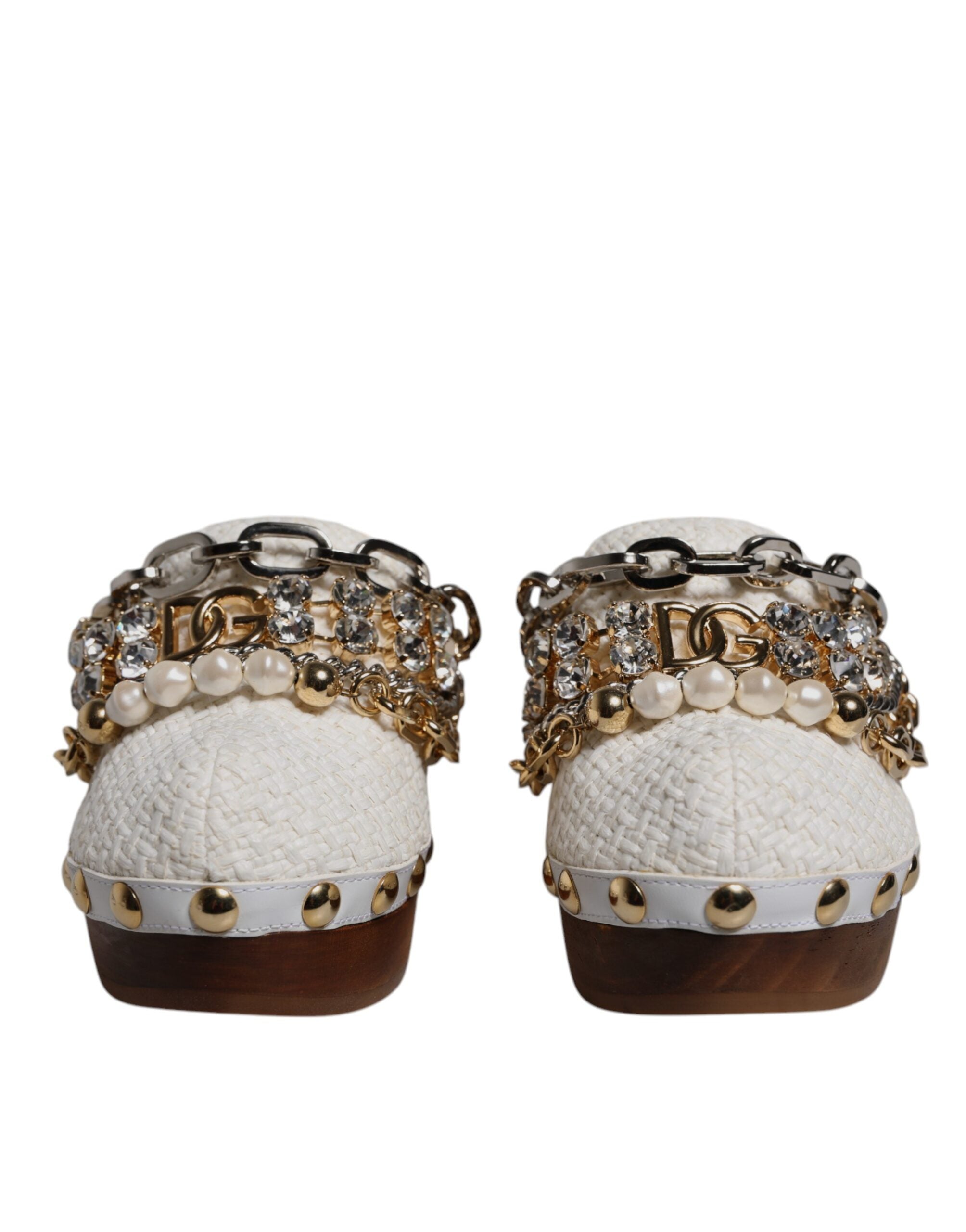 Dolce & Gabbana White Raffia Clogs Bejeweled Chain Sandals Women's Shoes