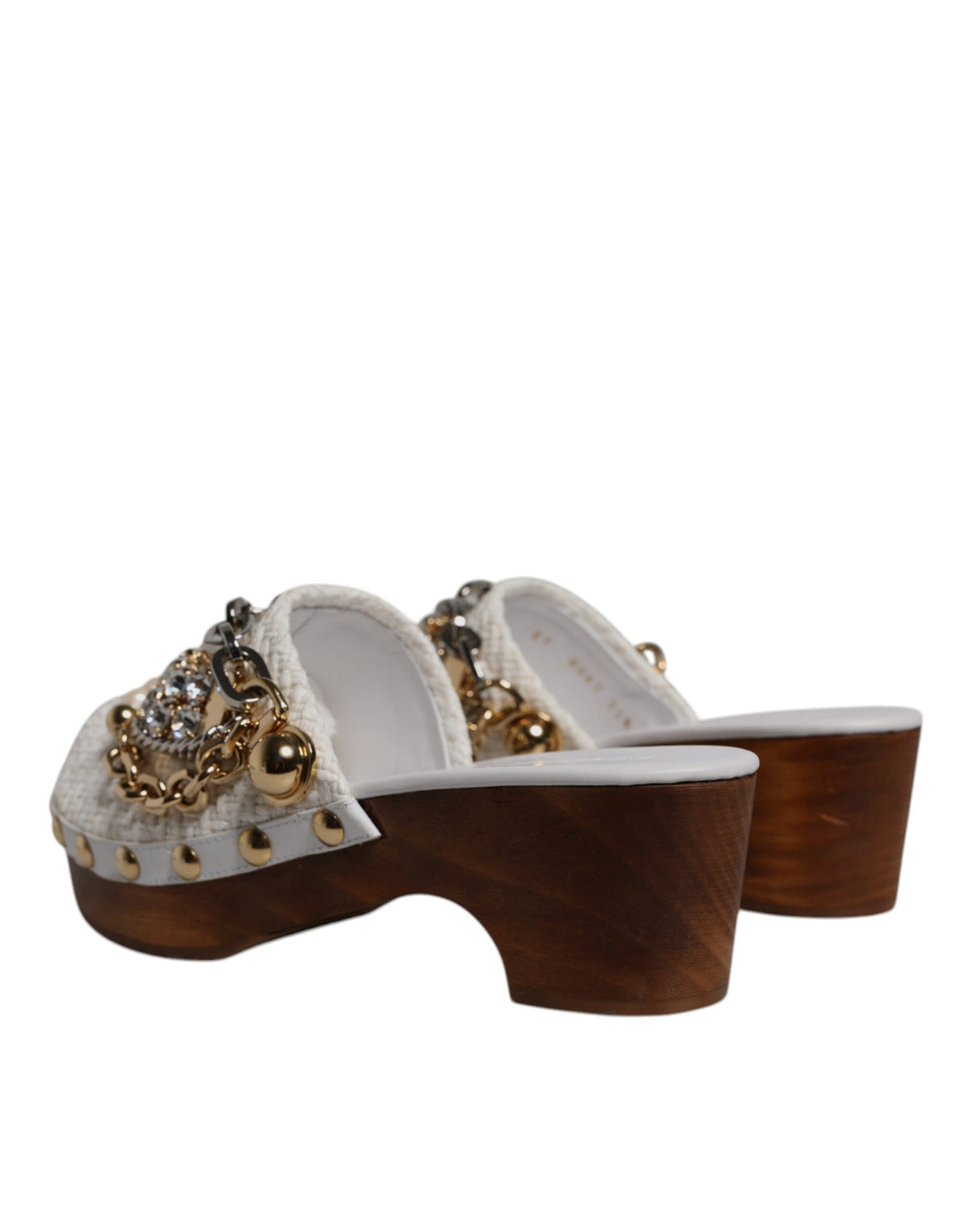 Dolce & Gabbana White Raffia Clogs Bejeweled Chain Sandals Women's Shoes