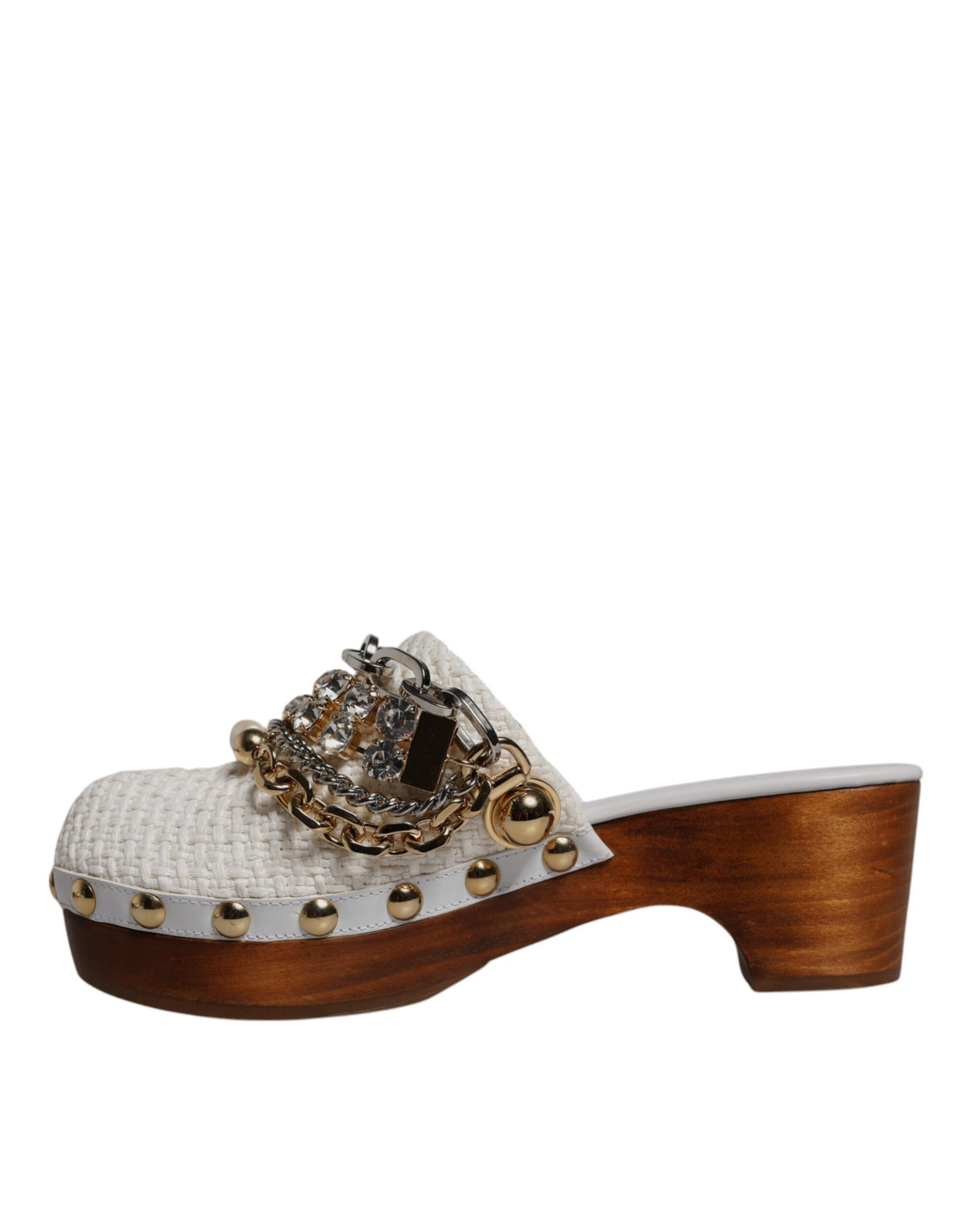Dolce & Gabbana White Raffia Clogs Bejeweled Chain Sandals Women's Shoes