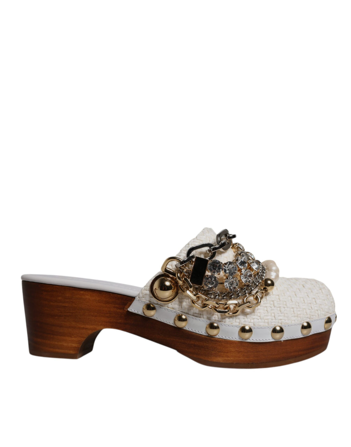 Dolce & Gabbana White Raffia Clogs Bejeweled Chain Sandals Women's Shoes