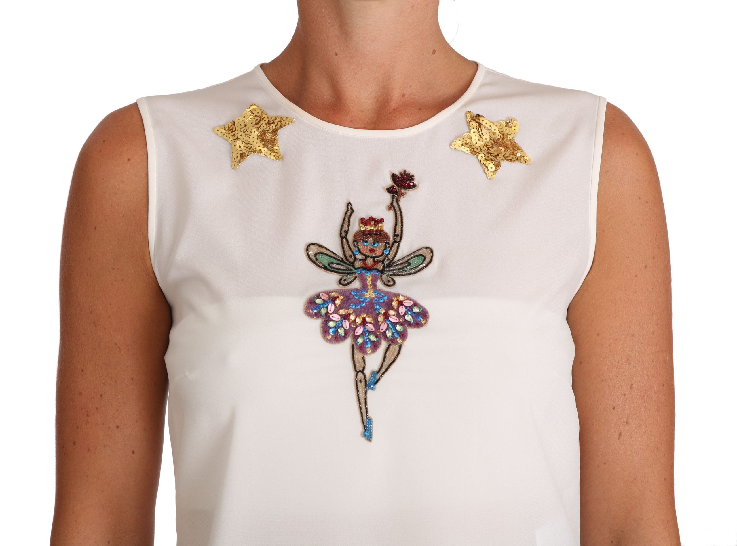 Dolce & Gabbana White Silk Embellished Crystal Sequin Fairy Women's Top