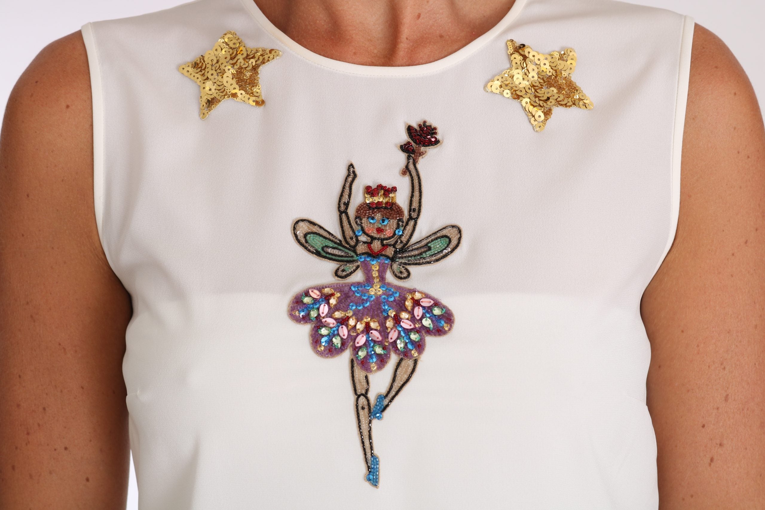 Dolce & Gabbana White Silk Embellished Crystal Sequin Fairy Women's Top