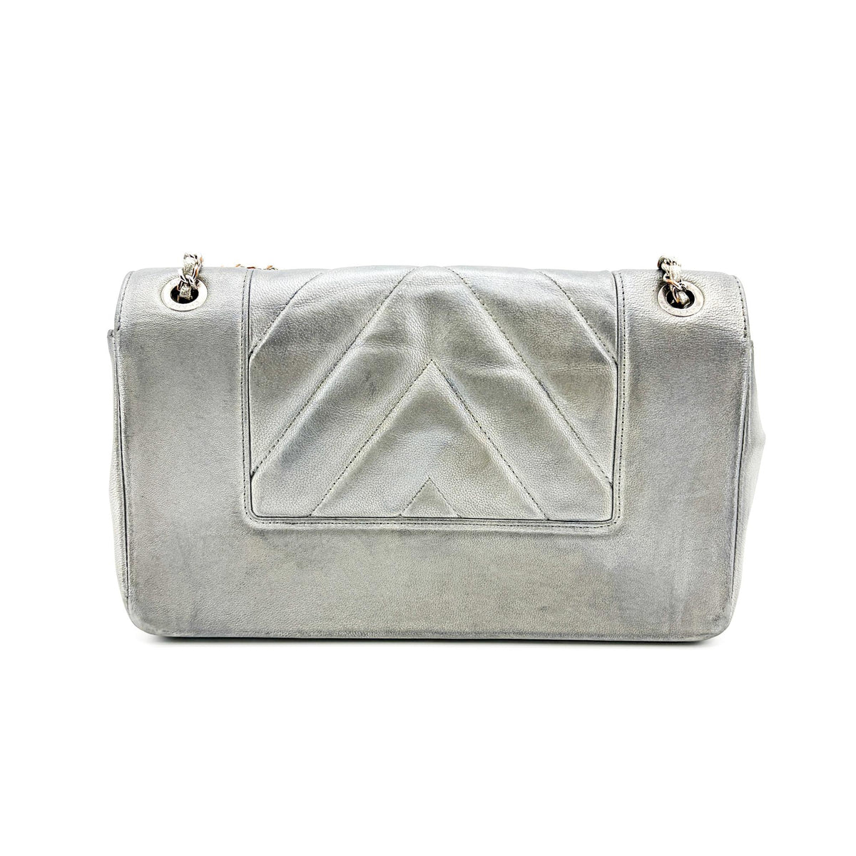 Chanel Mademoiselle Vintage Flap Clutch Chevron Sheepskin Silver Leather Shoulder Bag Bag (Pre-Owned)