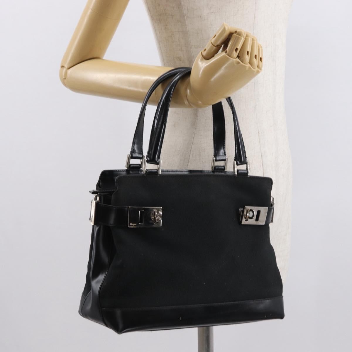 Salvatore Ferragamo Double Gancini Side Buckle Tote Canvas Black Canvas Handbag (Pre-Owned)