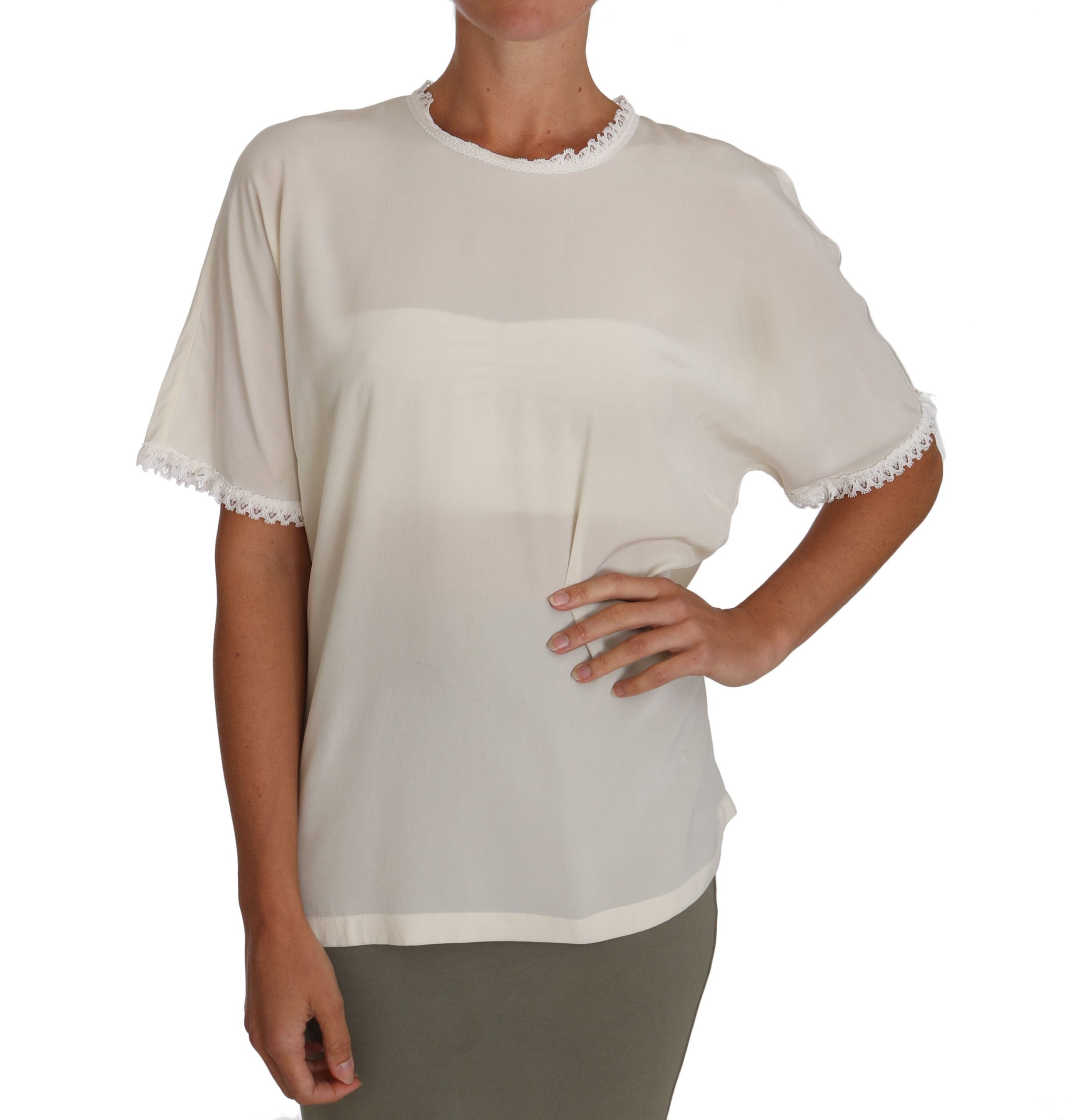 Dolce & Gabbana Cream Silk Lace-Detailed Blouse Women's Top
