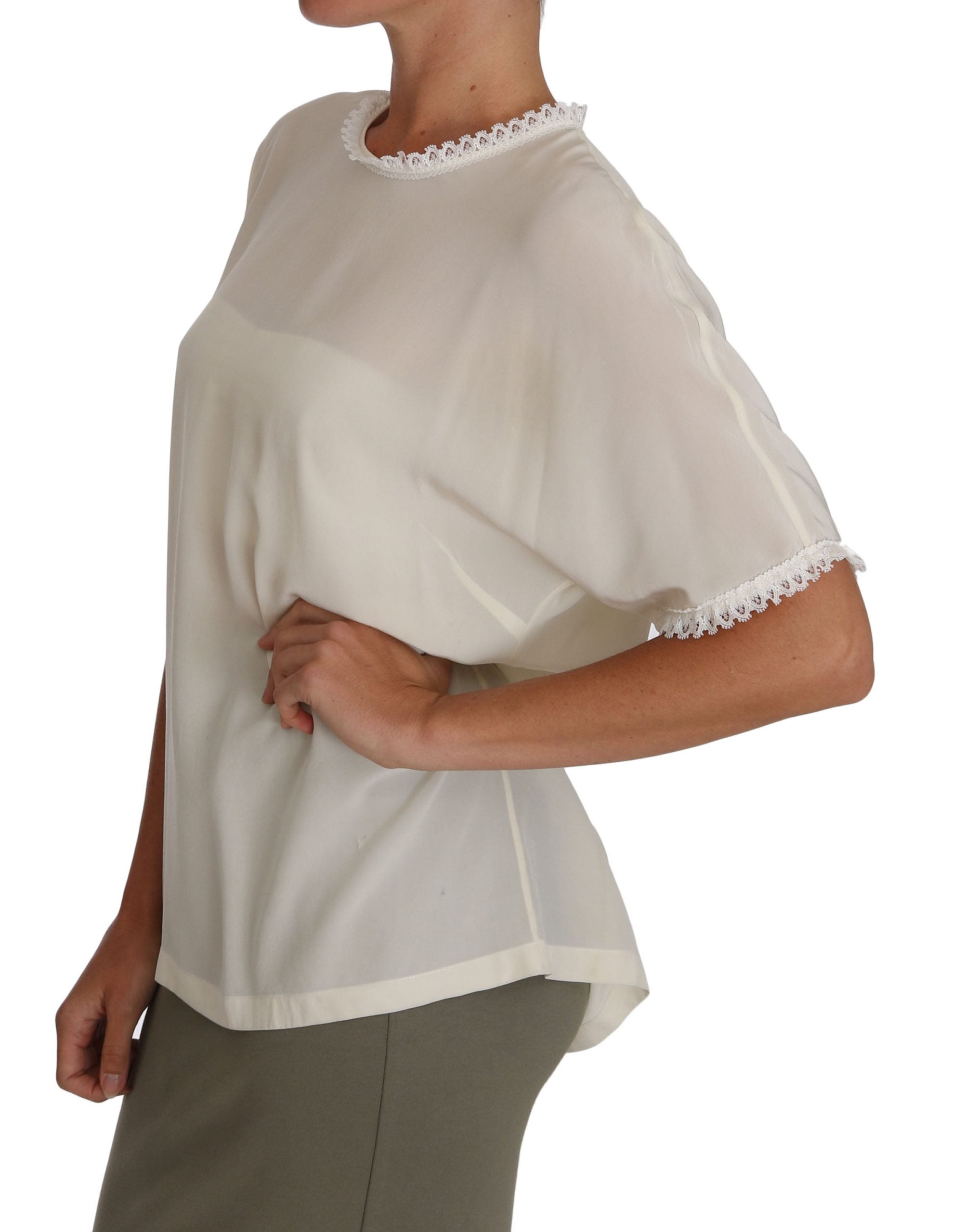 Dolce & Gabbana Cream Silk Lace-Detailed Blouse Women's Top