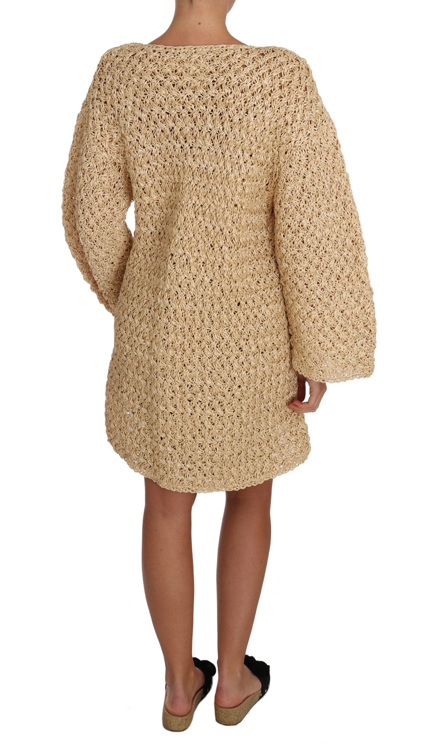 Dolce & Gabbana Beige Cardigan Crochet Knitted Raffia Women's Sweater