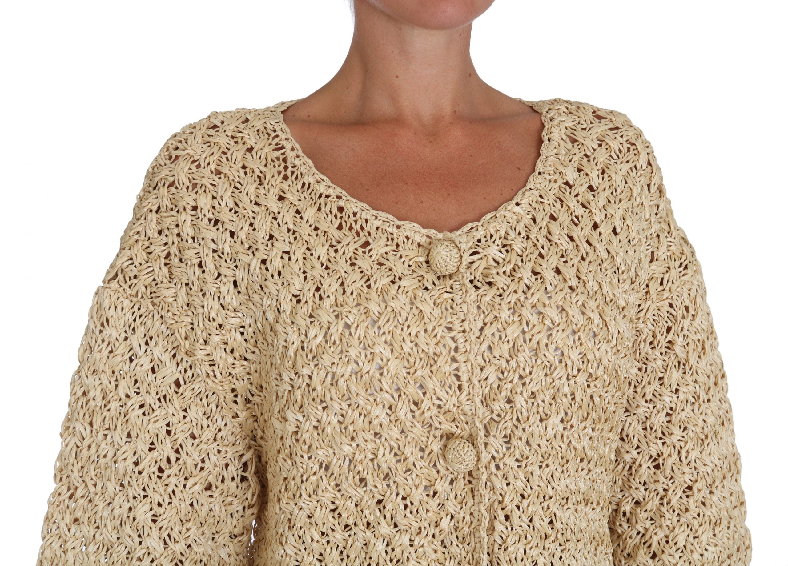 Dolce & Gabbana Beige Cardigan Crochet Knitted Raffia Women's Sweater