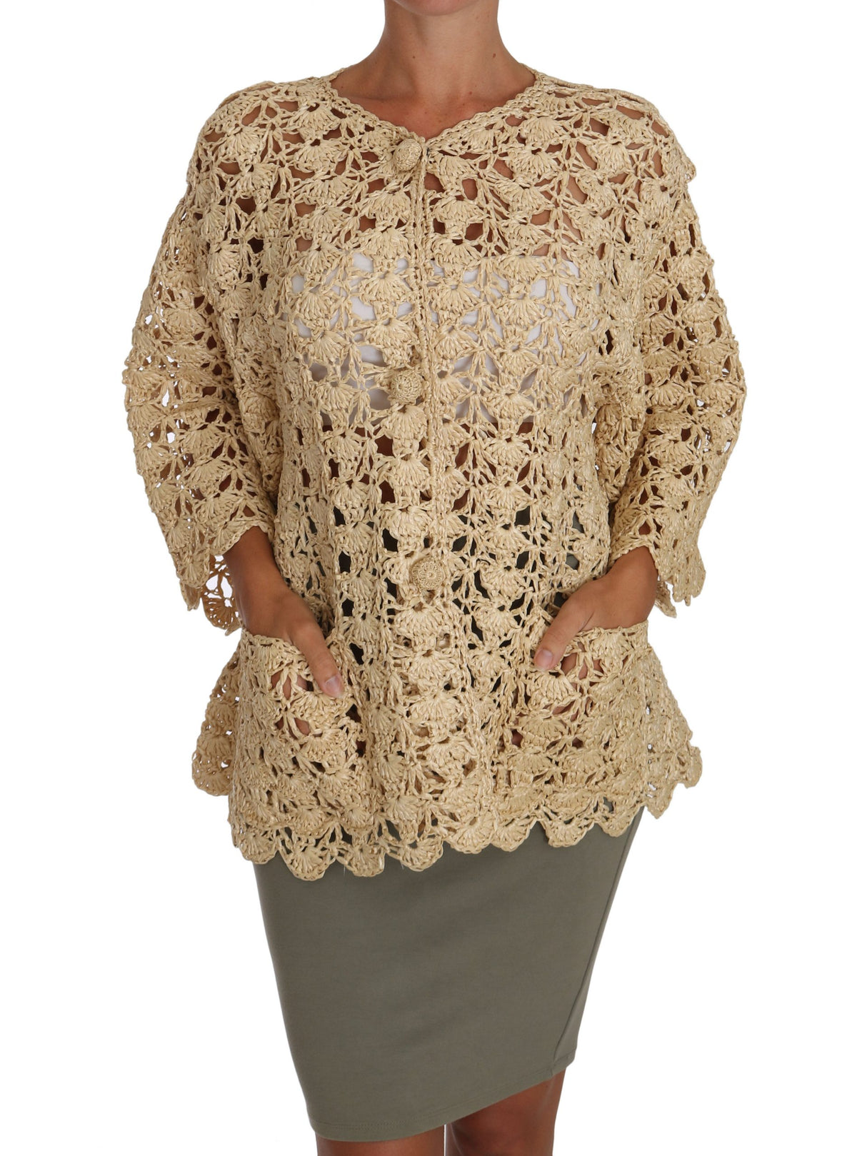 Dolce & Gabbana Beige Cardigan Crochet Knitted Raffia Women's Sweater