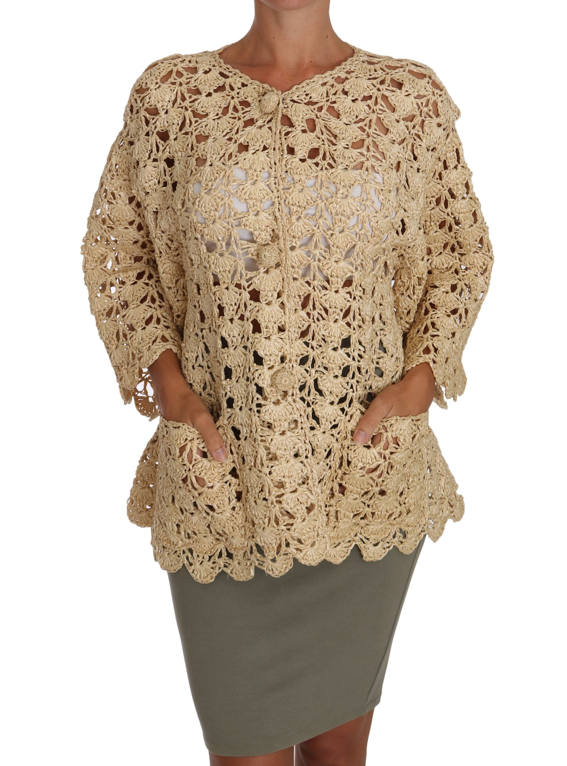 Dolce & Gabbana Beige Cardigan Crochet Knitted Raffia Women's Sweater