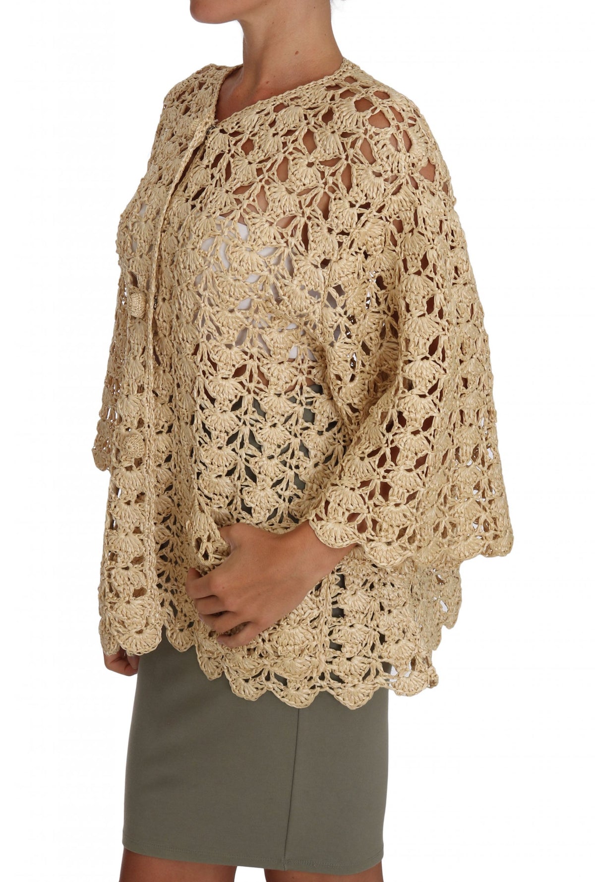 Dolce & Gabbana Beige Cardigan Crochet Knitted Raffia Women's Sweater