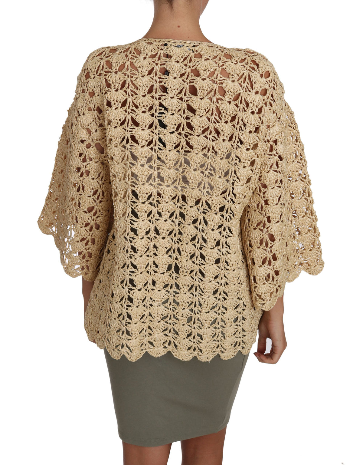 Dolce & Gabbana Beige Cardigan Crochet Knitted Raffia Women's Sweater