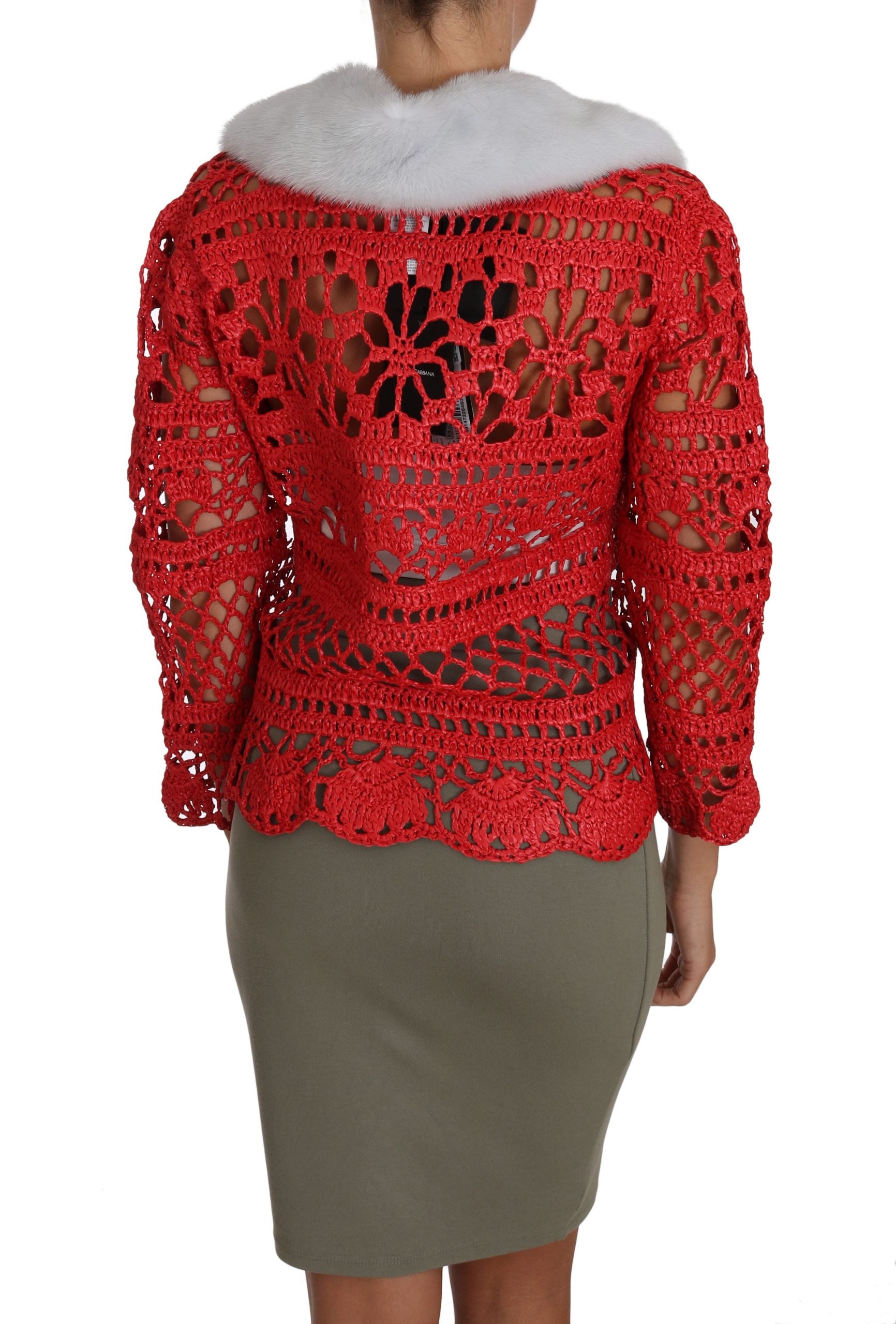 Dolce & Gabbana Red Cardigan Crochet Knit Raffia Women's Sweater