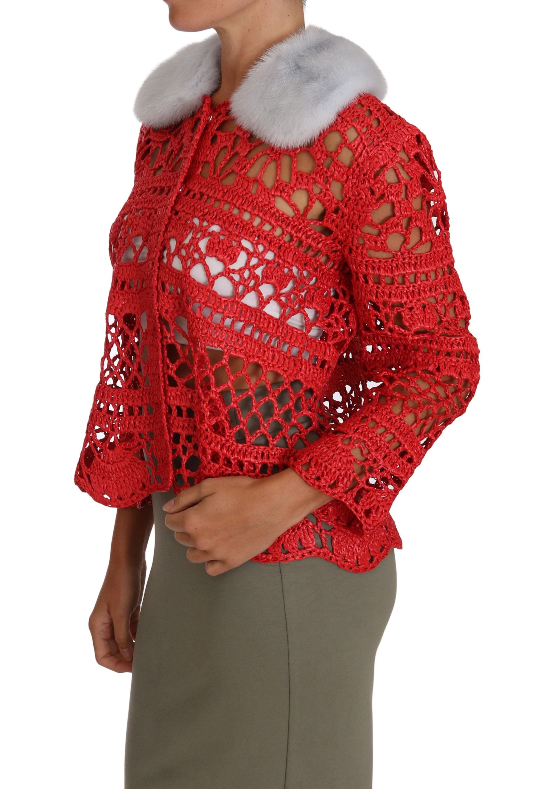 Dolce & Gabbana Red Cardigan Crochet Knit Raffia Women's Sweater