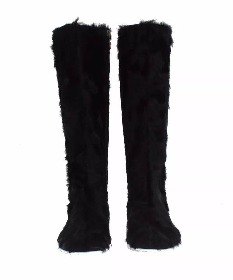 Dolce & Gabbana Black Xiangao Lamb Fur Leather Boots Women's Shoes