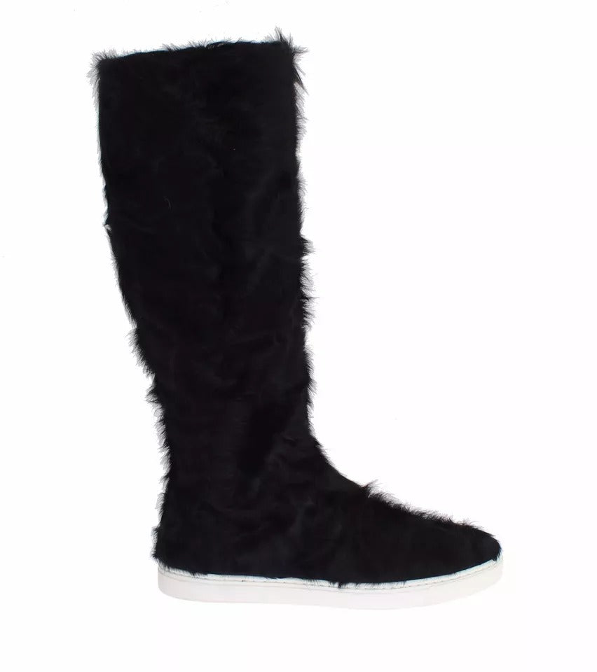 Dolce & Gabbana Black Xiangao Lamb Fur Leather Boots Women's Shoes