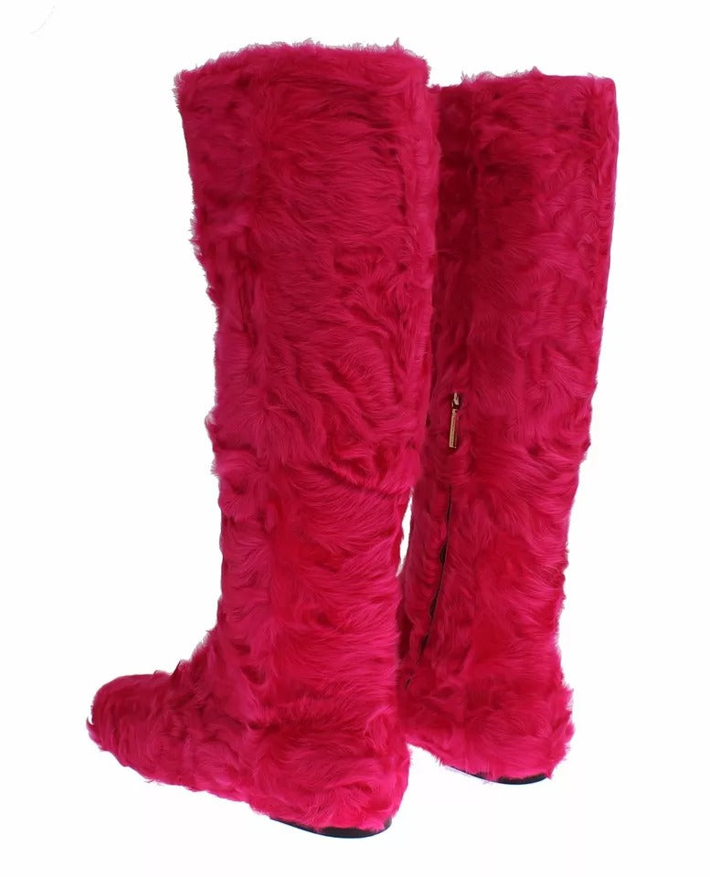 Dolce & Gabbana Pink Lamb Fur Leather Flat Boots Women's Shoes