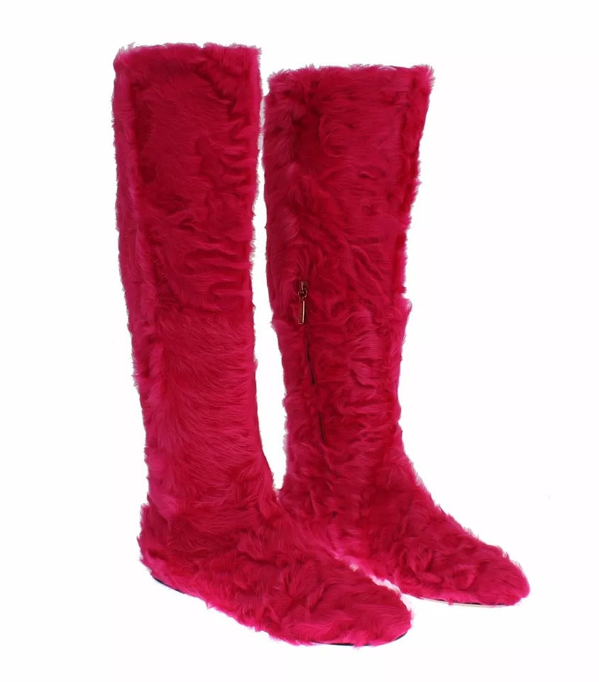 Dolce & Gabbana Pink Lamb Fur Leather Flat Boots Women's Shoes