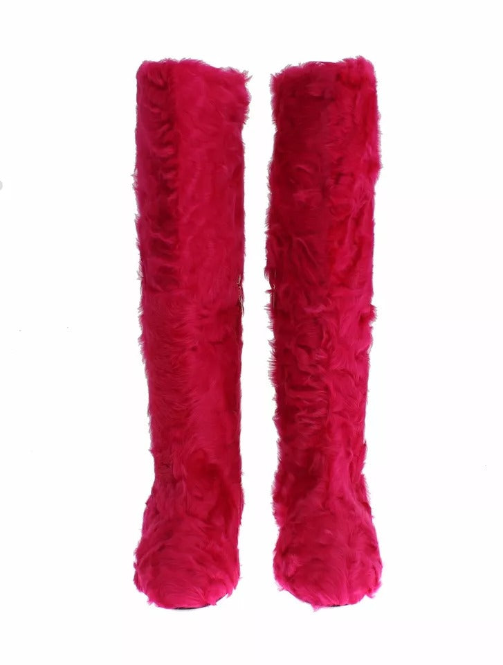 Dolce & Gabbana Pink Lamb Fur Leather Flat Boots Women's Shoes