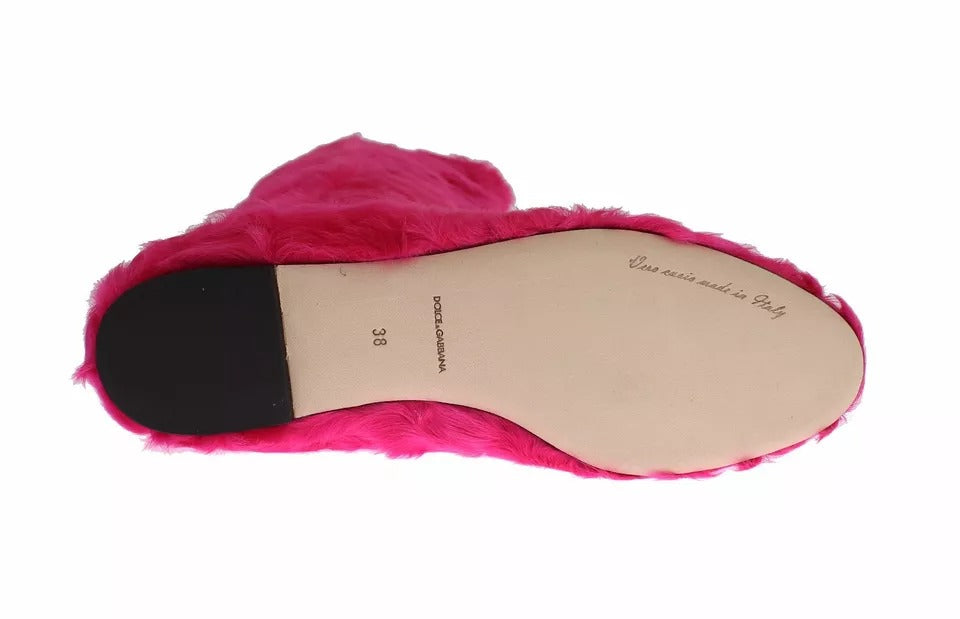 Dolce & Gabbana Pink Lamb Fur Leather Flat Boots Women's Shoes