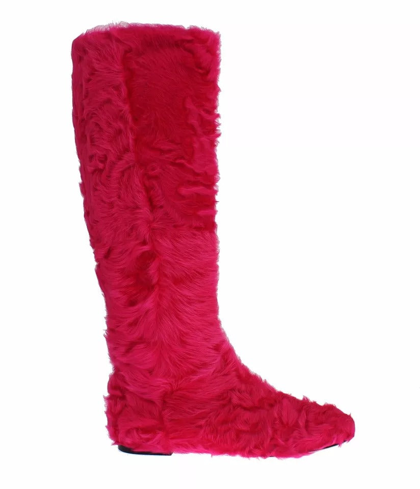 Dolce & Gabbana Pink Lamb Fur Leather Flat Boots Women's Shoes