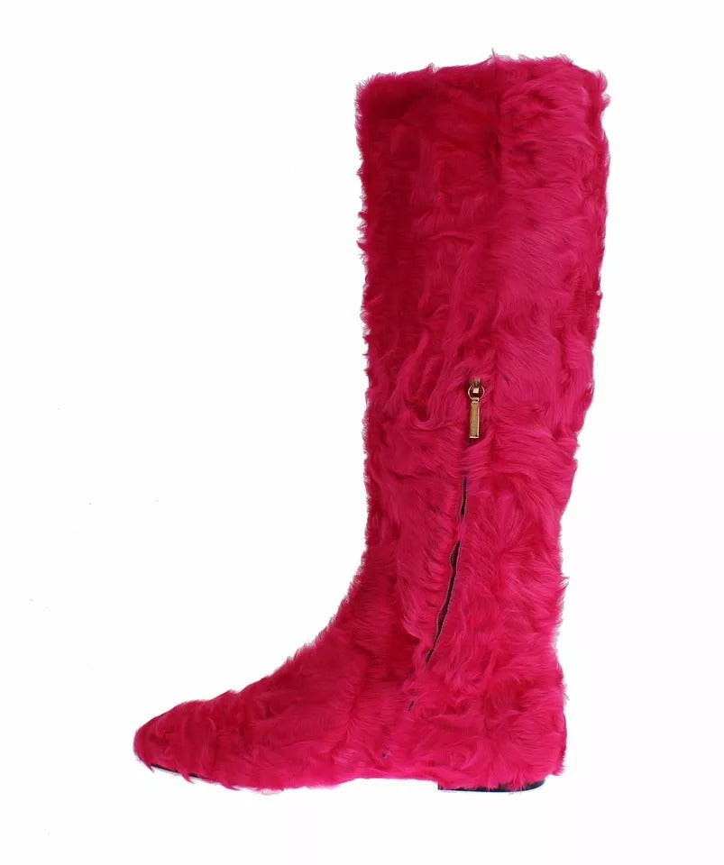 Dolce & Gabbana Pink Lamb Fur Leather Flat Boots Women's Shoes