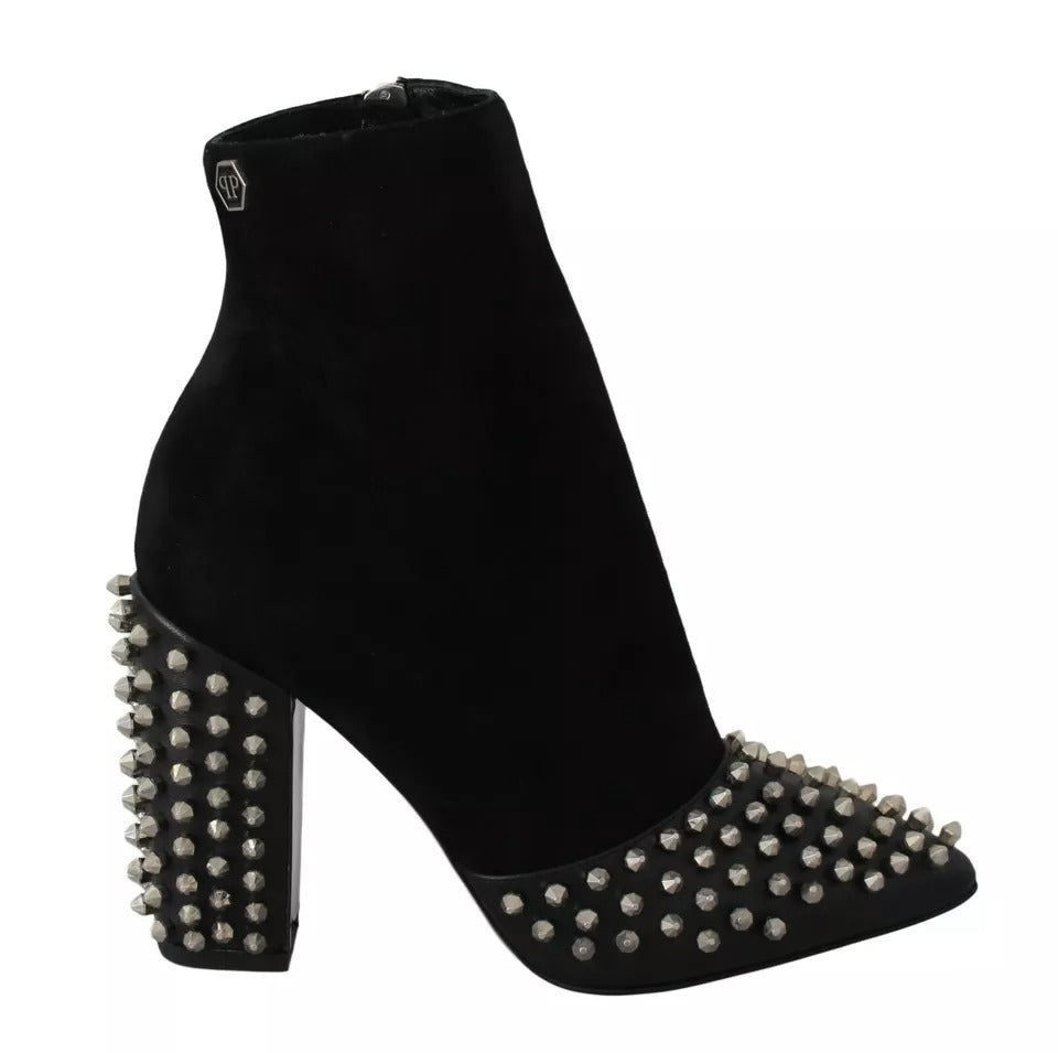 Philipp Plein Black Suede Studded Heels Ankle Boots Women's Shoes