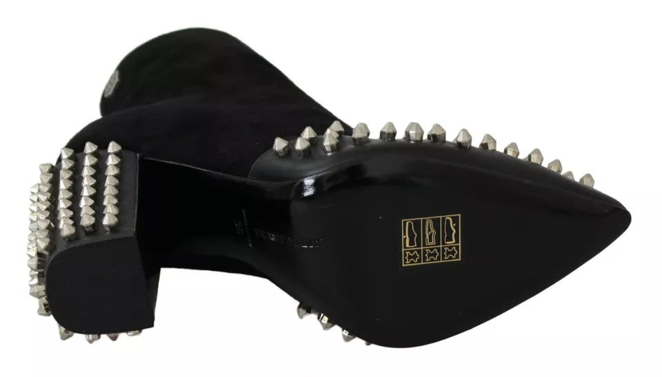 Philipp Plein Black Suede Studded Heels Ankle Boots Women's Shoes