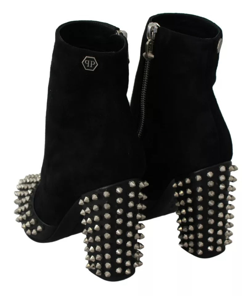 Philipp Plein Black Suede Studded Heels Ankle Boots Women's Shoes