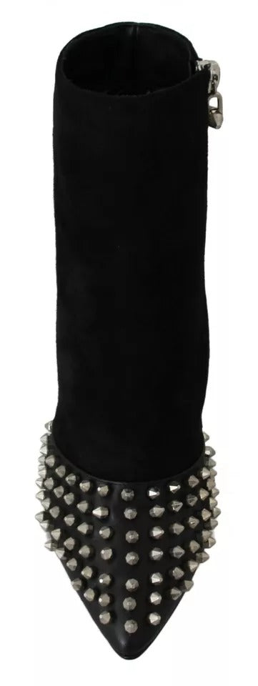 Philipp Plein Black Suede Studded Heels Ankle Boots Women's Shoes