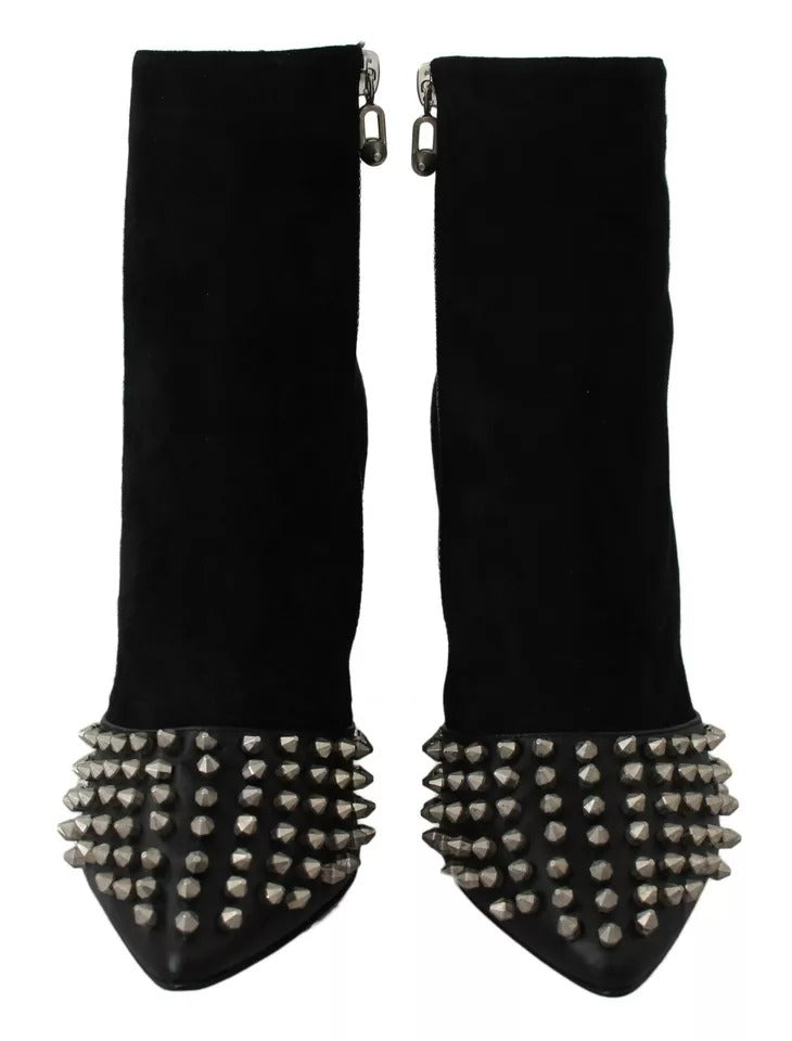 Philipp Plein Black Suede Studded Heels Ankle Boots Women's Shoes