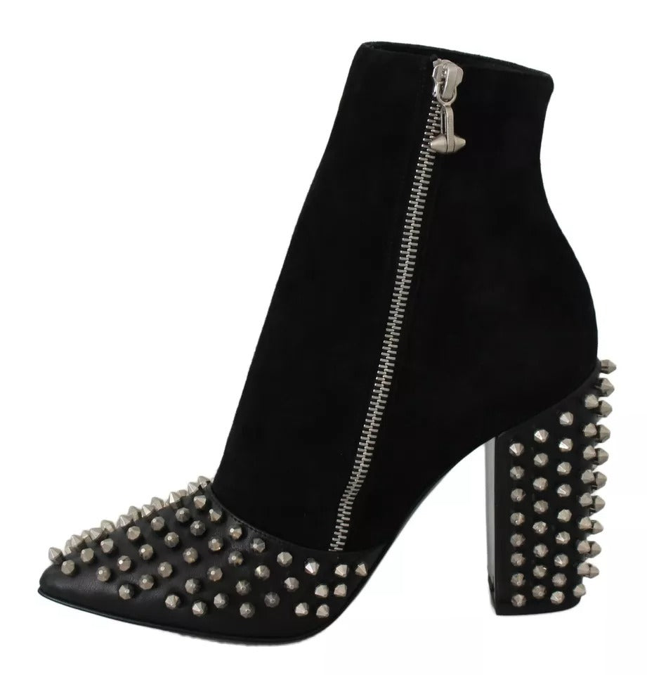 Philipp Plein Black Suede Studded Heels Ankle Boots Women's Shoes