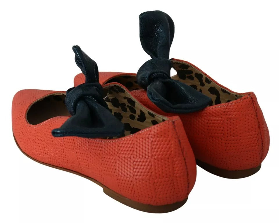 EBARRITO Orange Leather Bow Slip-on Loafers Ballet Flat Women's Shoes (Pre-Owned)