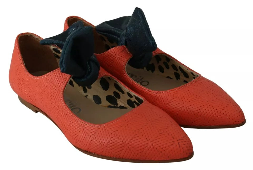 EBARRITO Orange Leather Bow Slip-on Loafers Ballet Flat Women's Shoes (Pre-Owned)