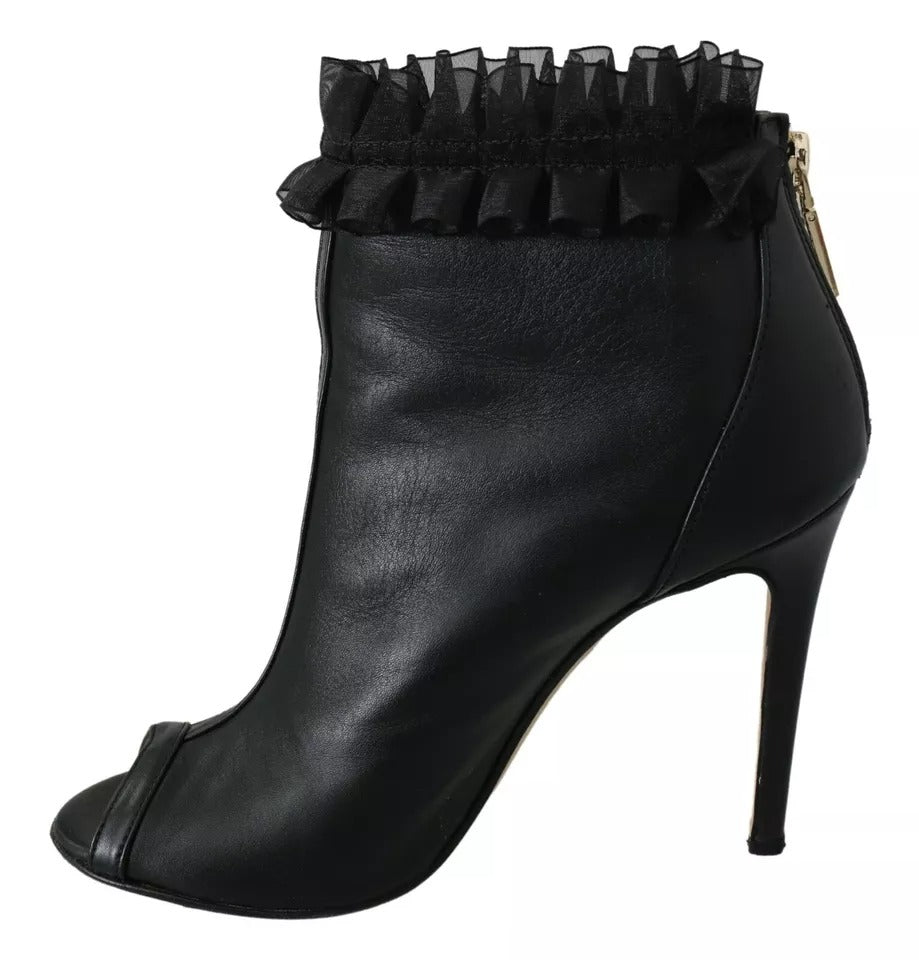 Mangano Black Leather Mesh Stiletto High Heels Peep Toe Boots Women's Shoes (Pre-Owned)