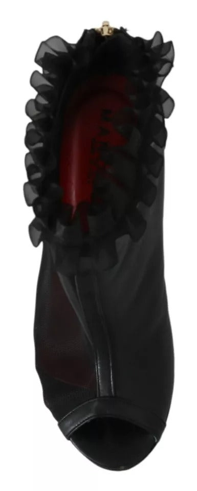 Mangano Black Leather Mesh Stiletto High Heels Peep Toe Boots Women's Shoes (Pre-Owned)