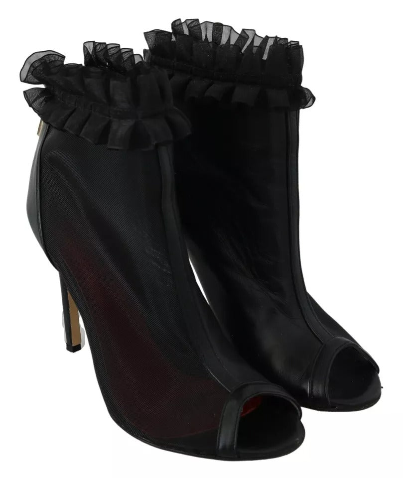 Mangano Black Leather Mesh Stiletto High Heels Peep Toe Boots Women's Shoes (Pre-Owned)