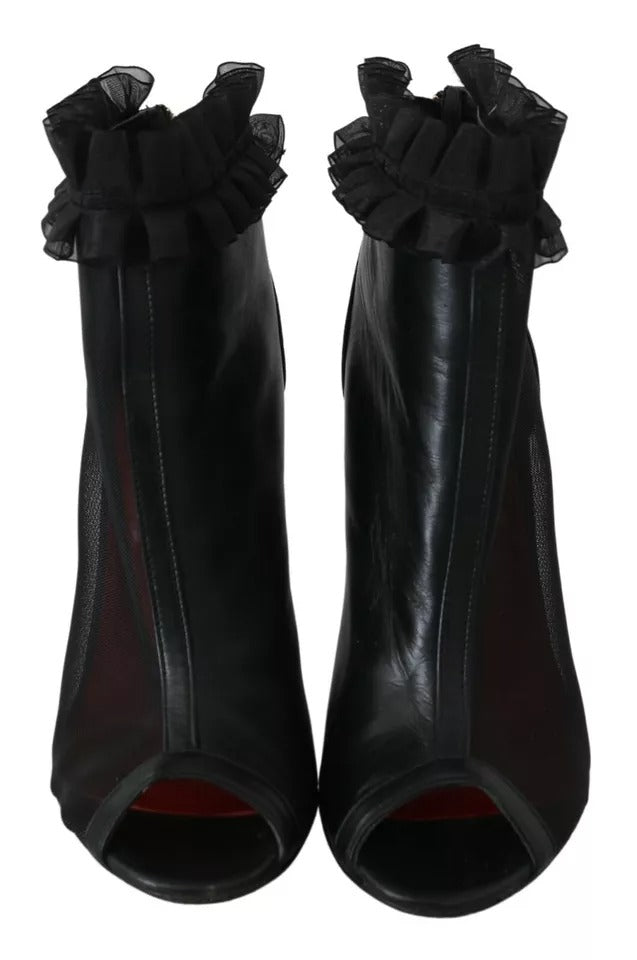 Mangano Black Leather Mesh Stiletto High Heels Peep Toe Boots Women's Shoes (Pre-Owned)