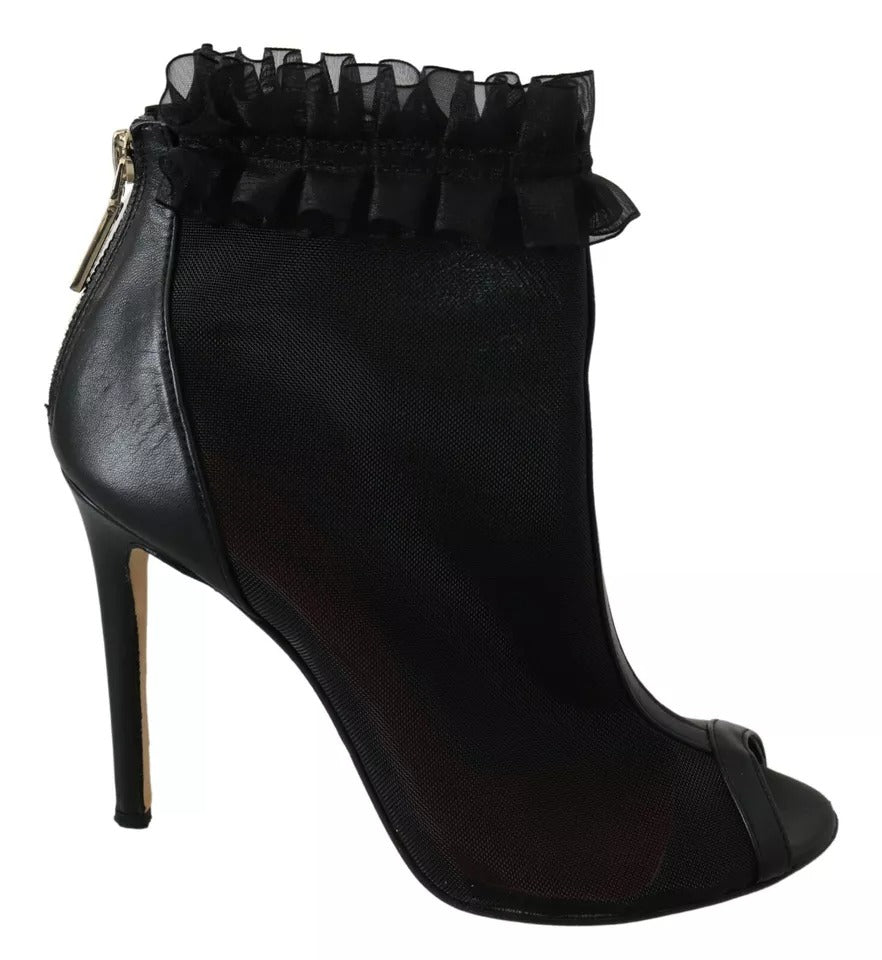 Mangano Black Leather Mesh Stiletto High Heels Peep Toe Boots Women's Shoes (Pre-Owned)