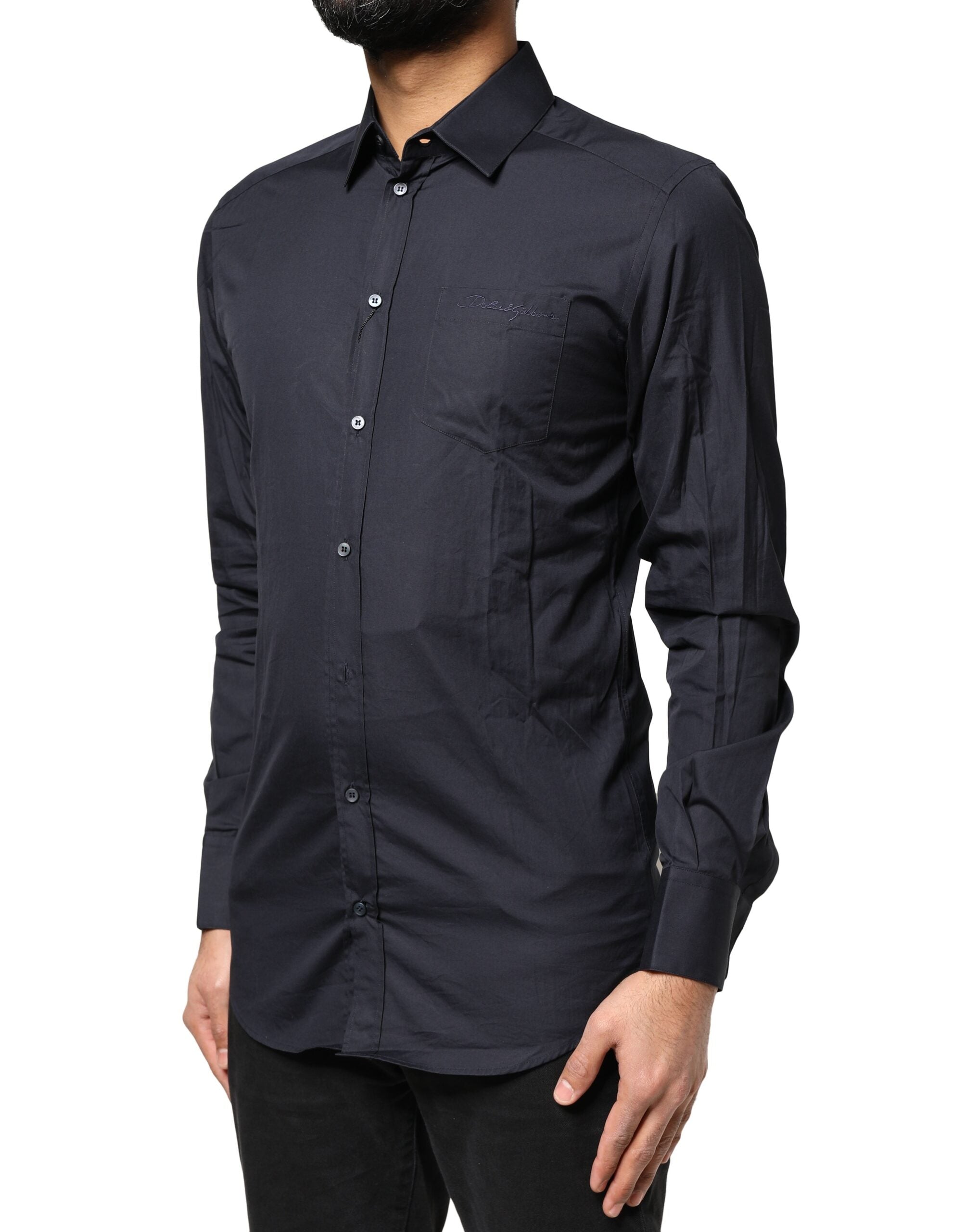 Dolce & Gabbana Dark Blue GOLD Cotton Long Sleeves Dress Men's Shirt