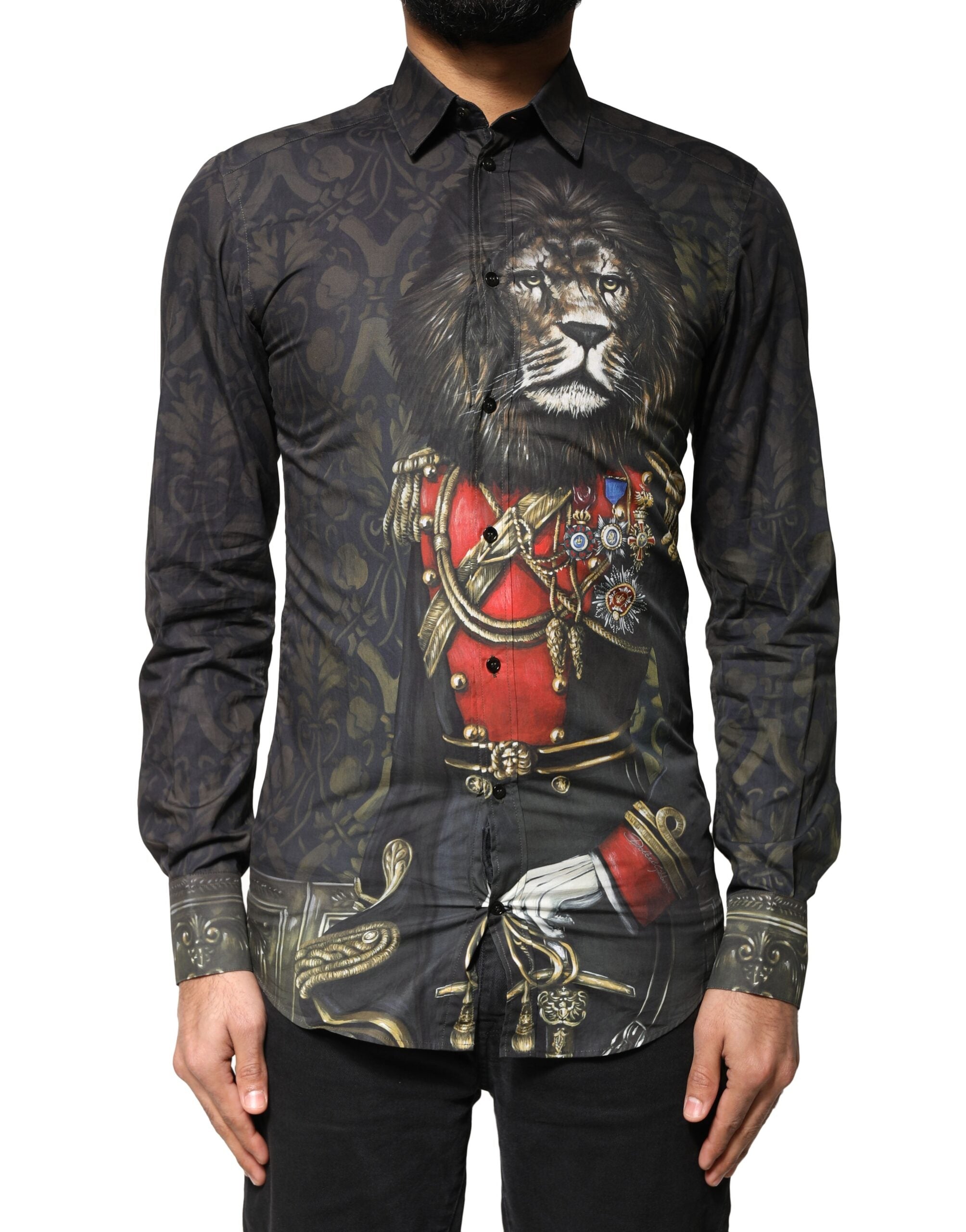 Dolce & Gabbana Black Royal Pet Portrait GOLD Dress Men's Shirt