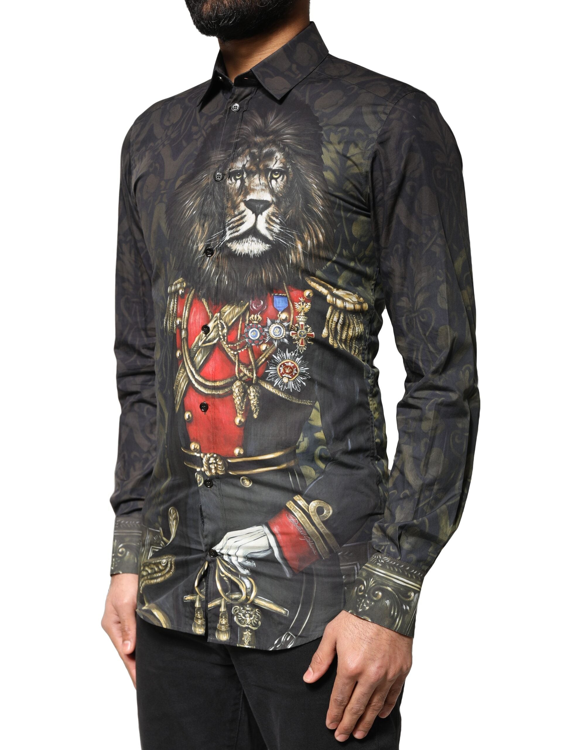 Dolce & Gabbana Black Royal Pet Portrait GOLD Dress Men's Shirt