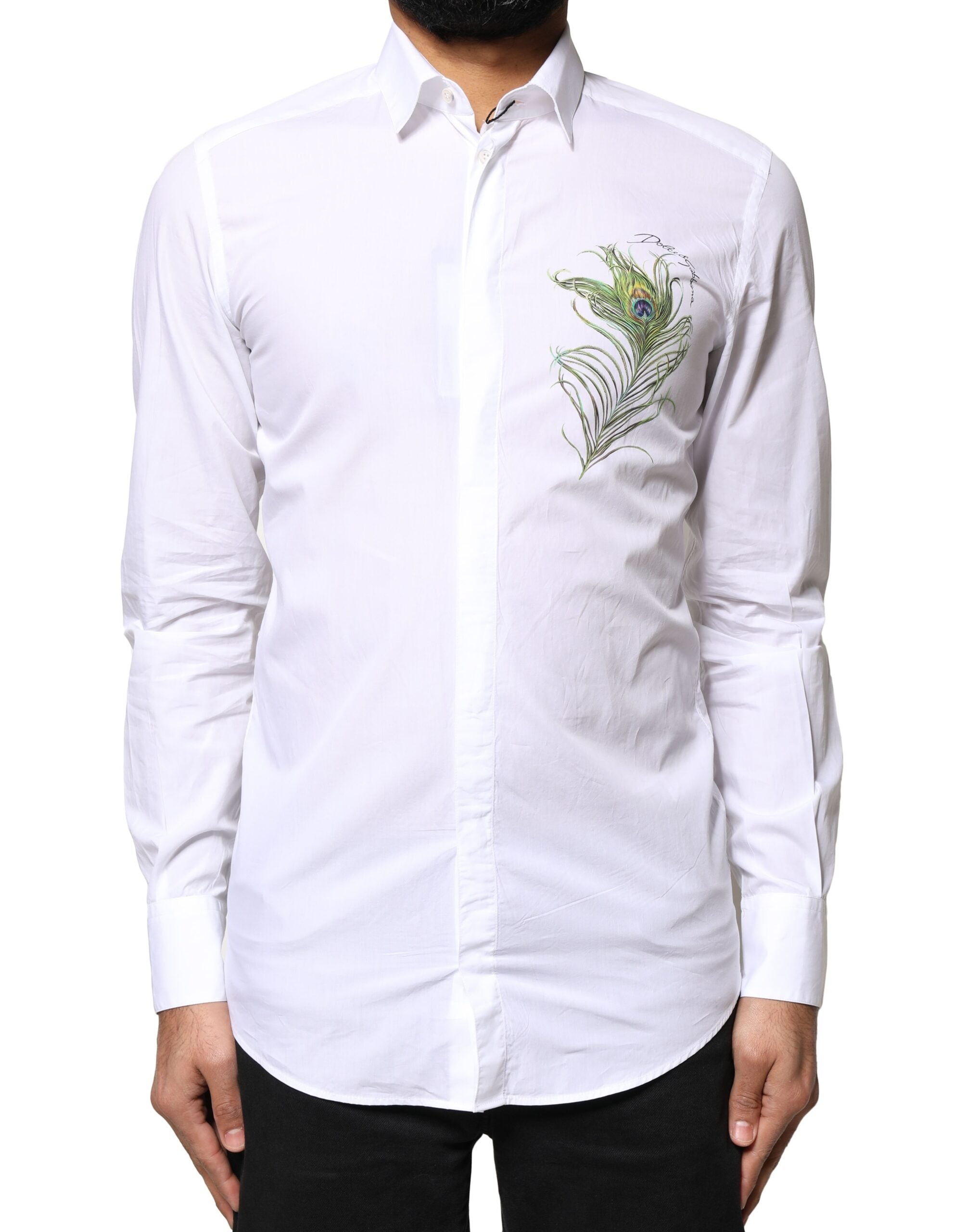 Dolce & Gabbana White Cotton Peacock Feather GOLD Formal Men's Shirt (Pre-Owned)