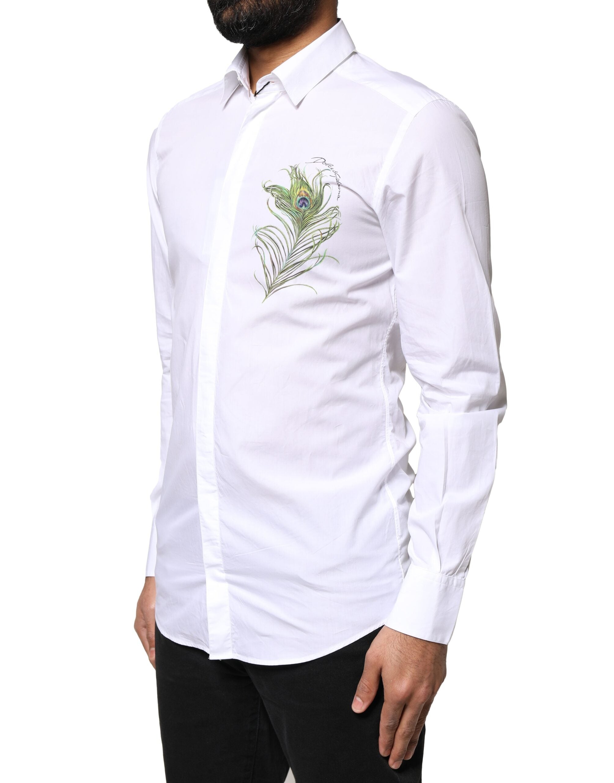 Dolce & Gabbana White Cotton Peacock Feather GOLD Formal Men's Shirt (Pre-Owned)
