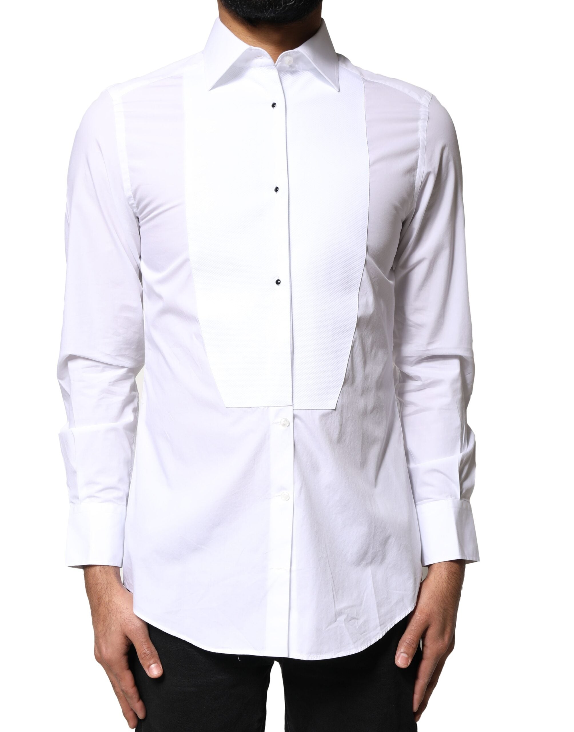 Dolce & Gabbana White Cotton Poplin Bib Formal Dress Men's Shirt (Pre-Owned)