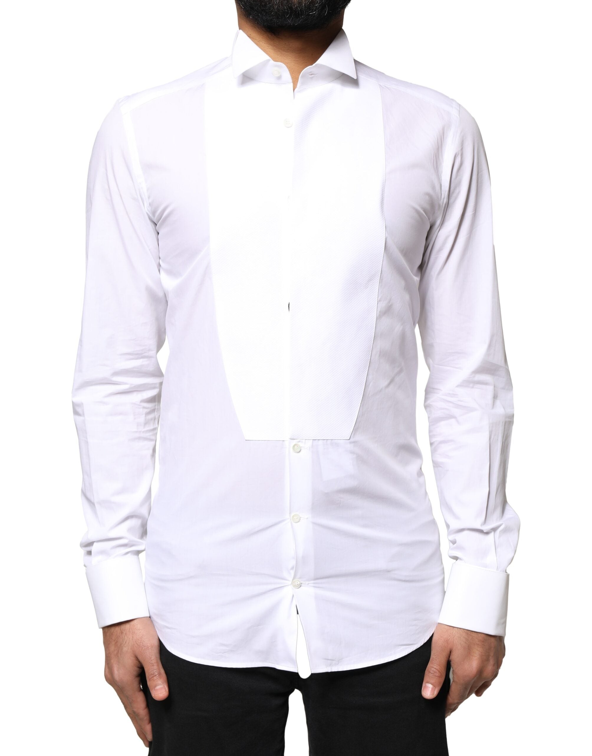 Dolce & Gabbana White GOLD Cotton Poplin Bib Formal Men Dress Men's Shirt (Pre-Owned)