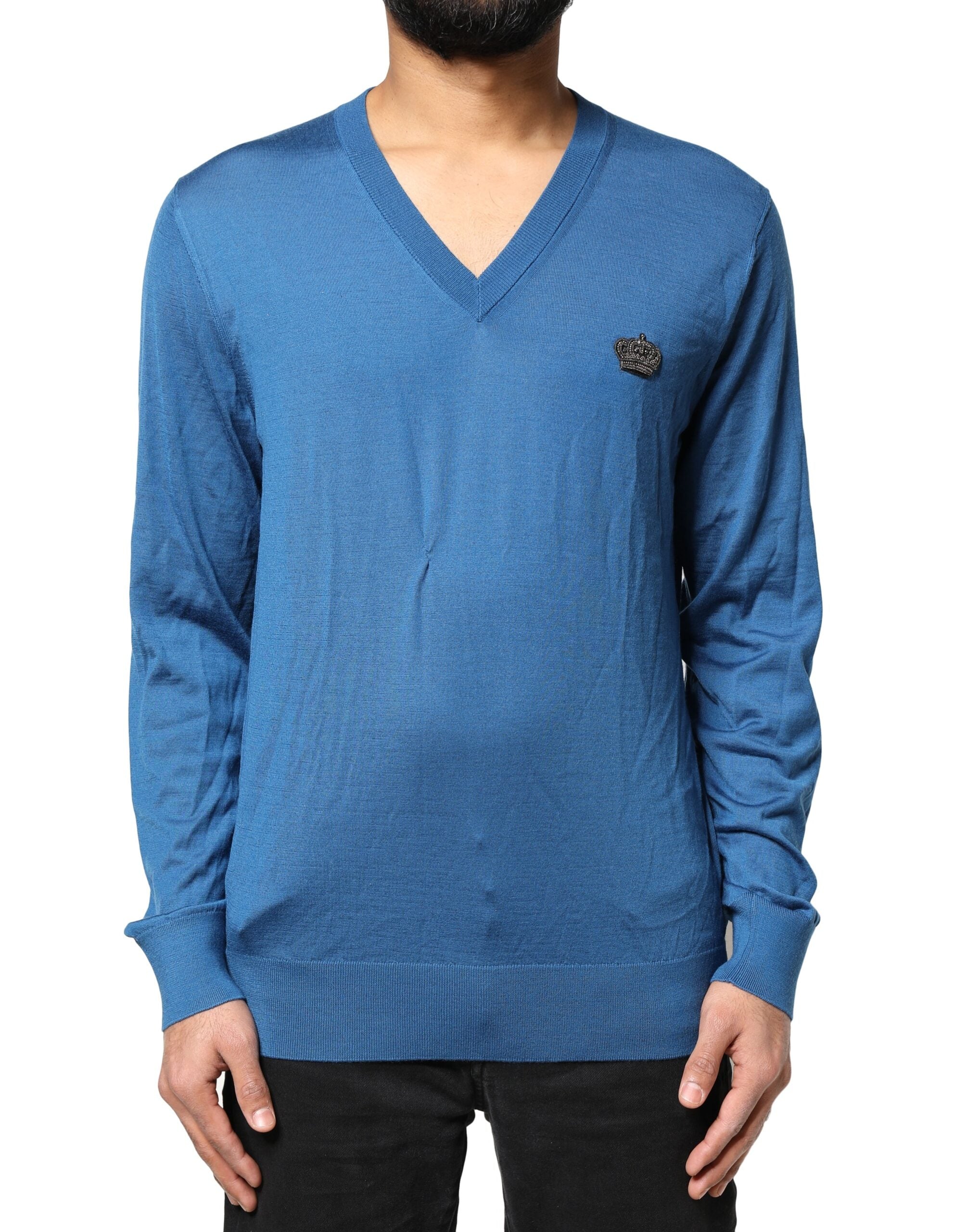 Dolce & Gabbana Blue Cashmere Crown V-neck Pullover Men's Sweater (Pre-Owned)