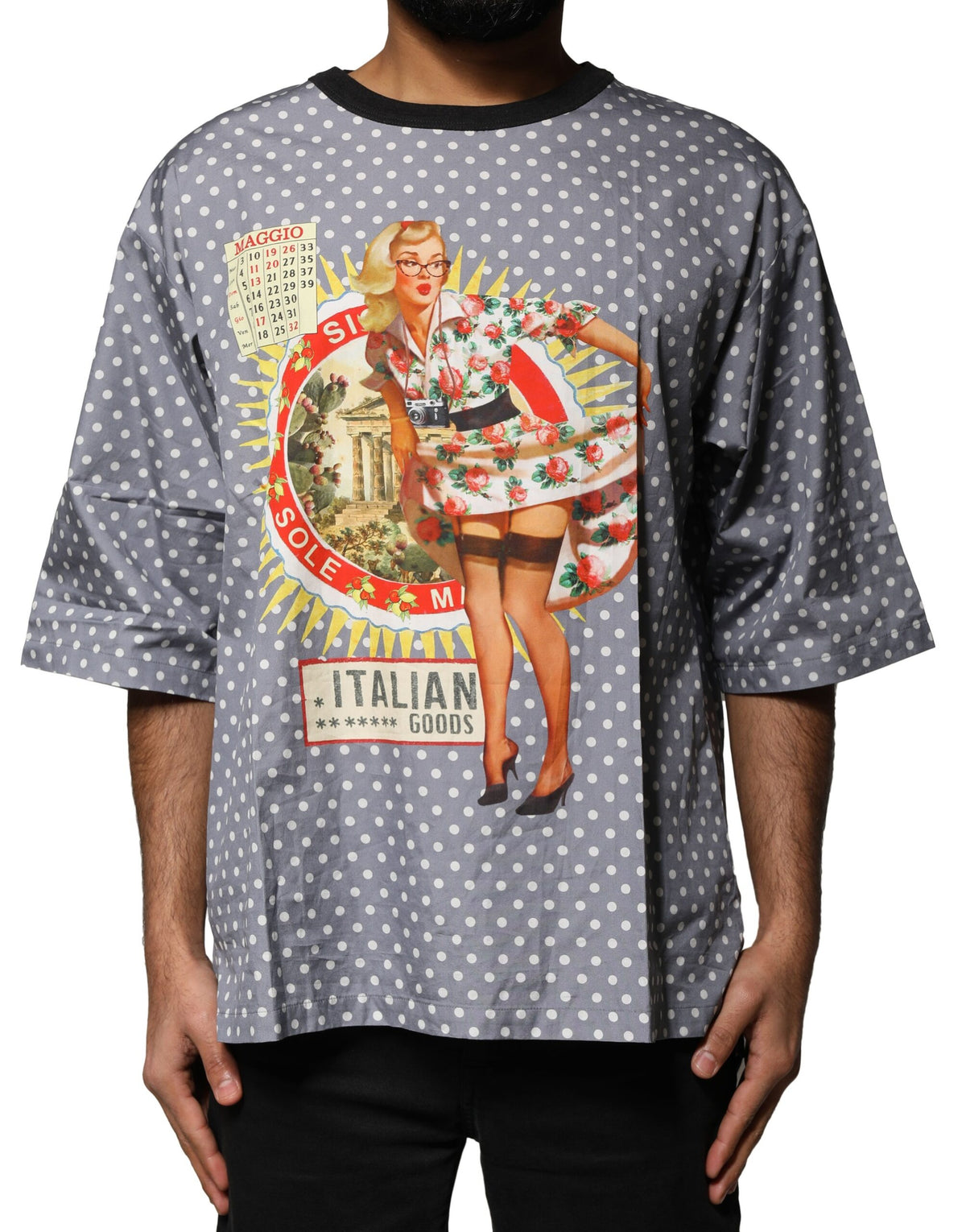 Dolce & Gabbana Gray Polka Dot Pin-Up Print Crew Neck Men's T-shirt