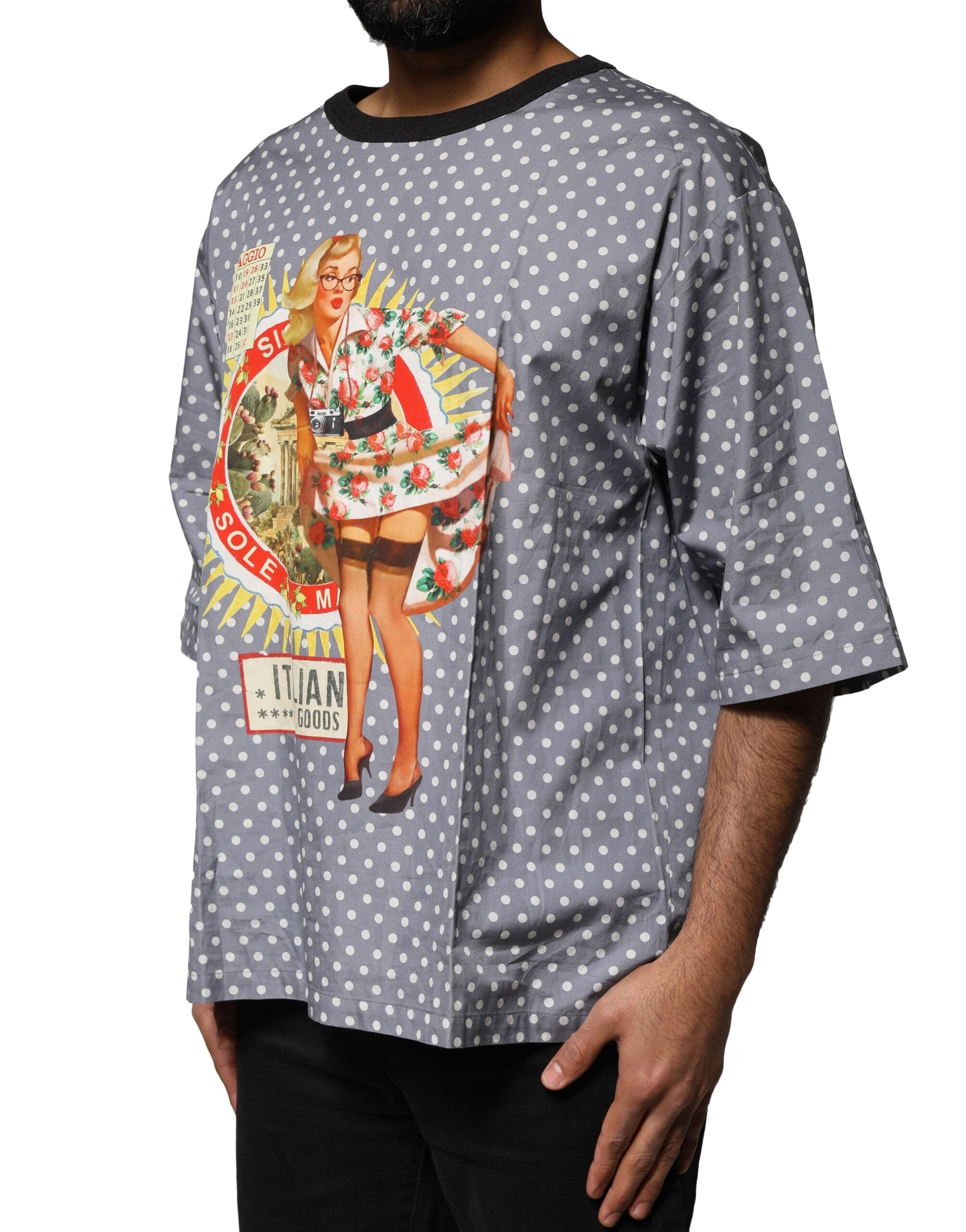 Dolce & Gabbana Gray Polka Dot Pin-Up Print Crew Neck Men's T-shirt