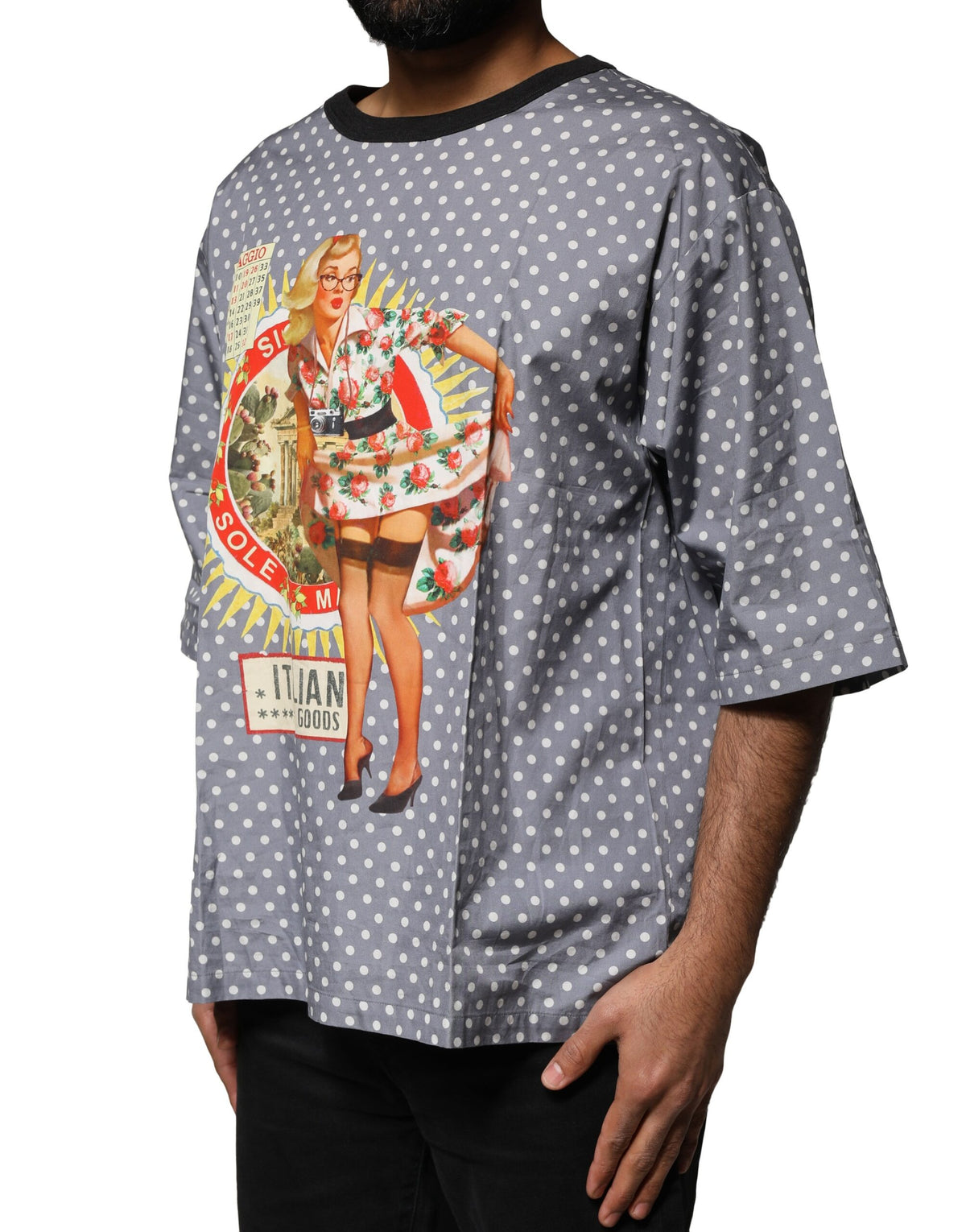 Dolce & Gabbana Gray Polka Dot Pin-Up Print Crew Neck Men's T-shirt